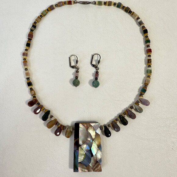 Abalone MOP Pendant Necklace &  Faceted Stone‎ Earring 2-Piece Set - Picture 1 of 11